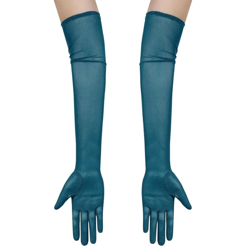 Women's Tulle Mesh Teal Long Stretchy Gloves Halloween Party Wedding Costume